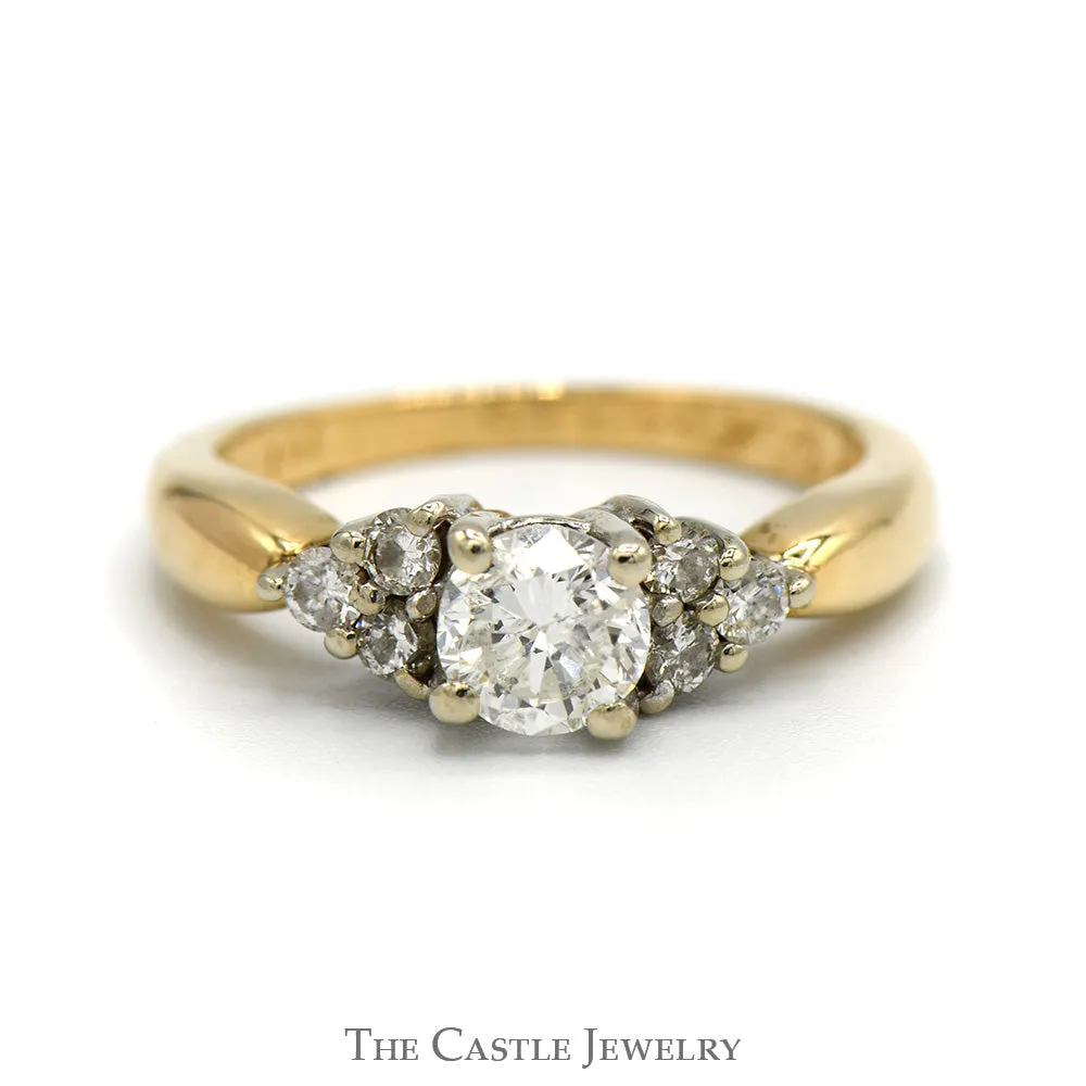 1.02cttw Round Diamond Engagement Ring with Triple Diamond Accented Sides in 14k Yellow Gold