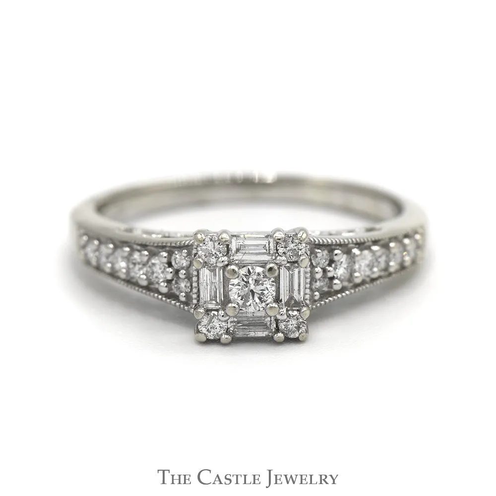 1/2cttw Square Shaped Baguette & Round Diamond Cluster Engagement Ring with Accents in 14k White Gold