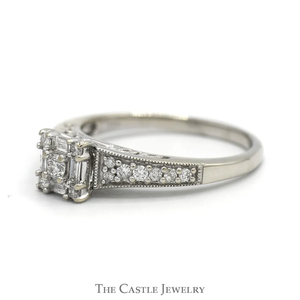 1/2cttw Square Shaped Baguette & Round Diamond Cluster Engagement Ring with Accents in 14k White Gold