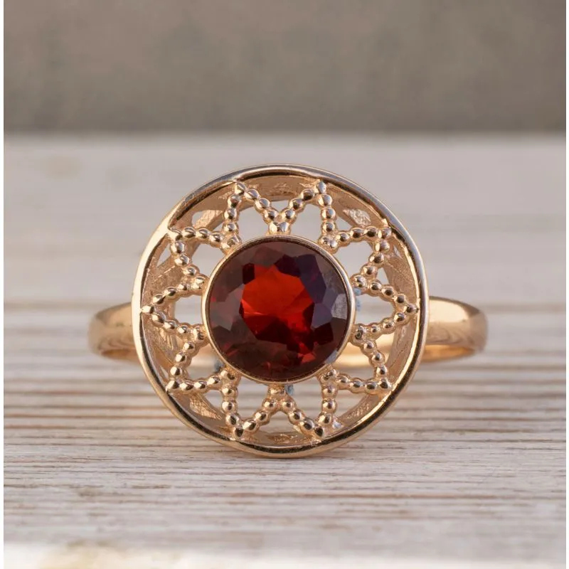 14K Rose Gold Round Red Garnet 6mm Ring