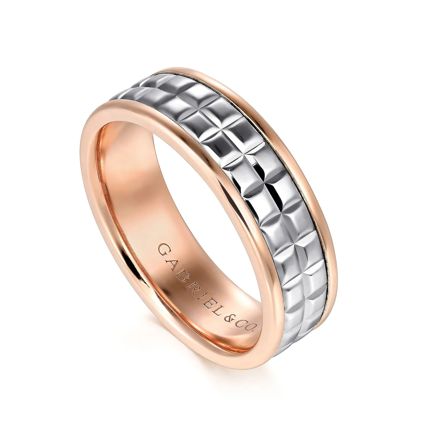 14K White-Rose Gold 7mm - Square Inlay Men's Two Tone Wedding Band