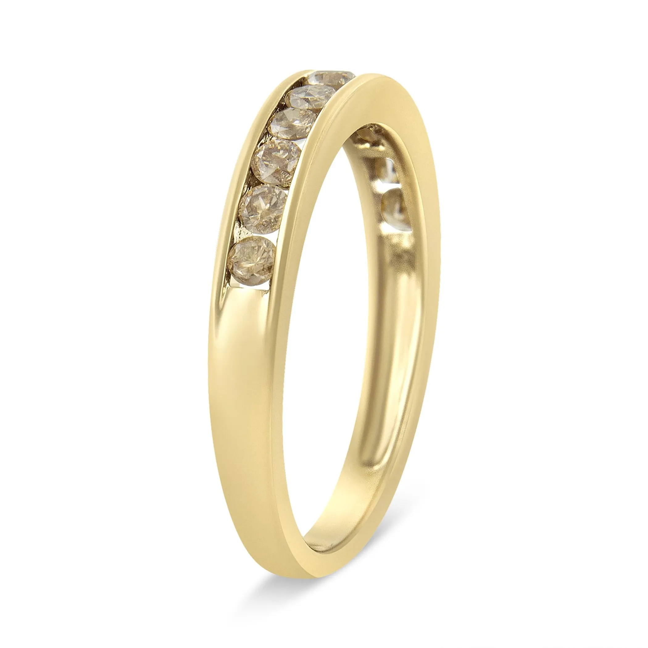 14K Yellow Gold Plated .925 Sterling Silver 1/2 Cttw Channel Set Round Champagne Diamond 11 Stone Band Ring (K-L Color, I1-I2 Clarity)