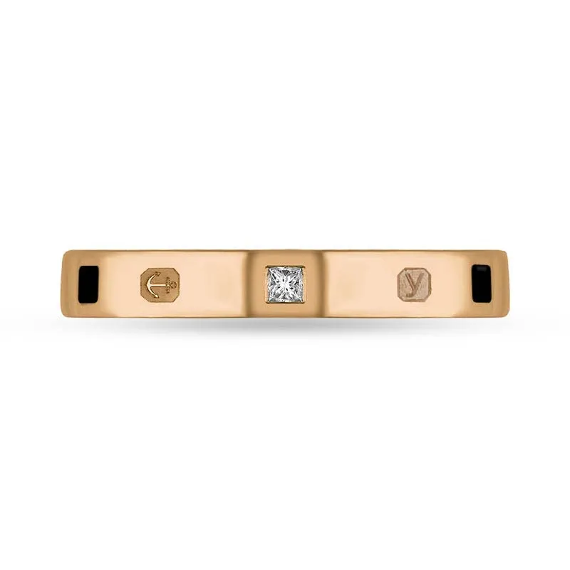 18ct Rose Gold 0.05ct Diamond Whitby Jet King's Coronation Hallmark Princess Cut 3mm Ring