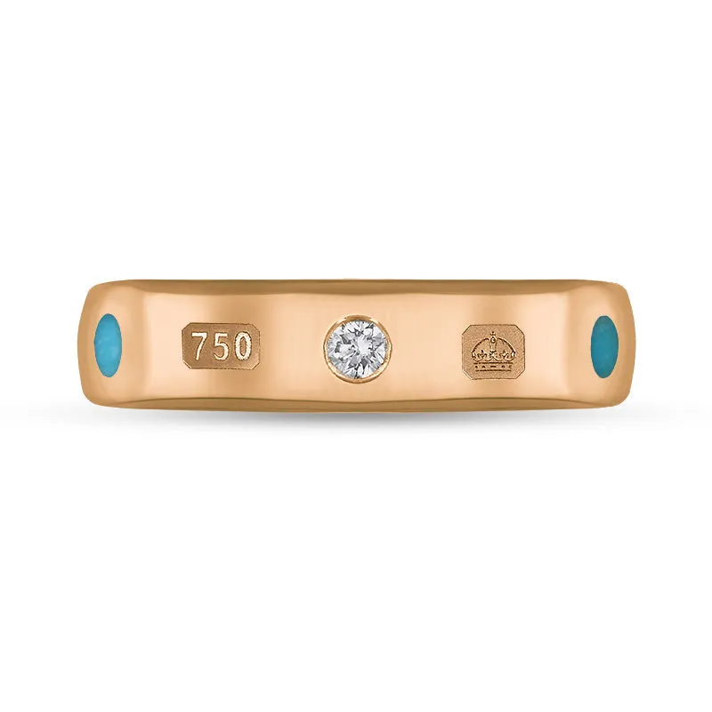 18ct Rose Gold Turquoise 0.08ct Diamond Queen's Jubilee Hallmark 5mm Ring