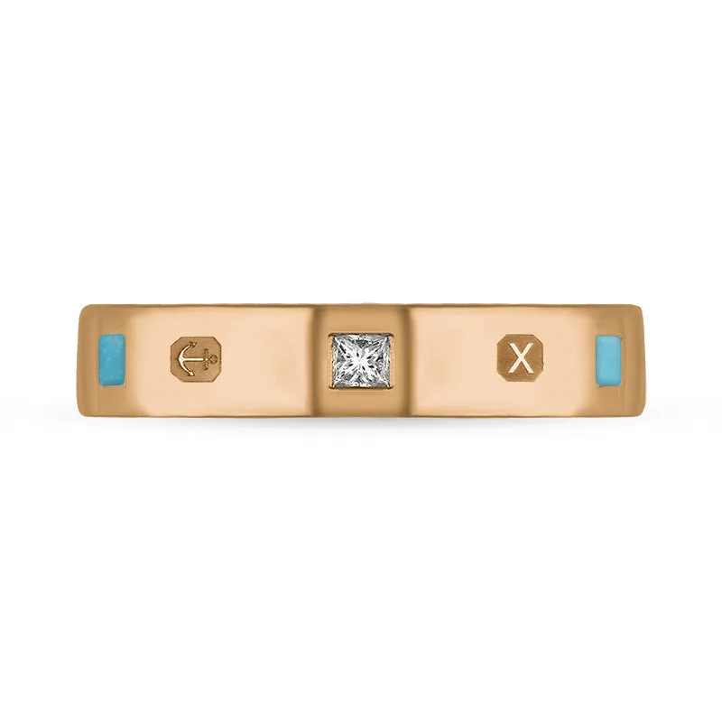 18ct Rose Gold Turquoise 0.09ct Diamond Queen's Jubilee Hallmark Princess Cut 4mm Ring