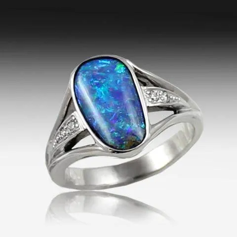 18KT WHITE GOLD BOULDER OPAL AND DIAMOND RING