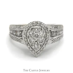 1cttw Pear Shaped Diamond Cluster Engagement Ring with Diamond Accents in 10k White Gold Bridge Mounting