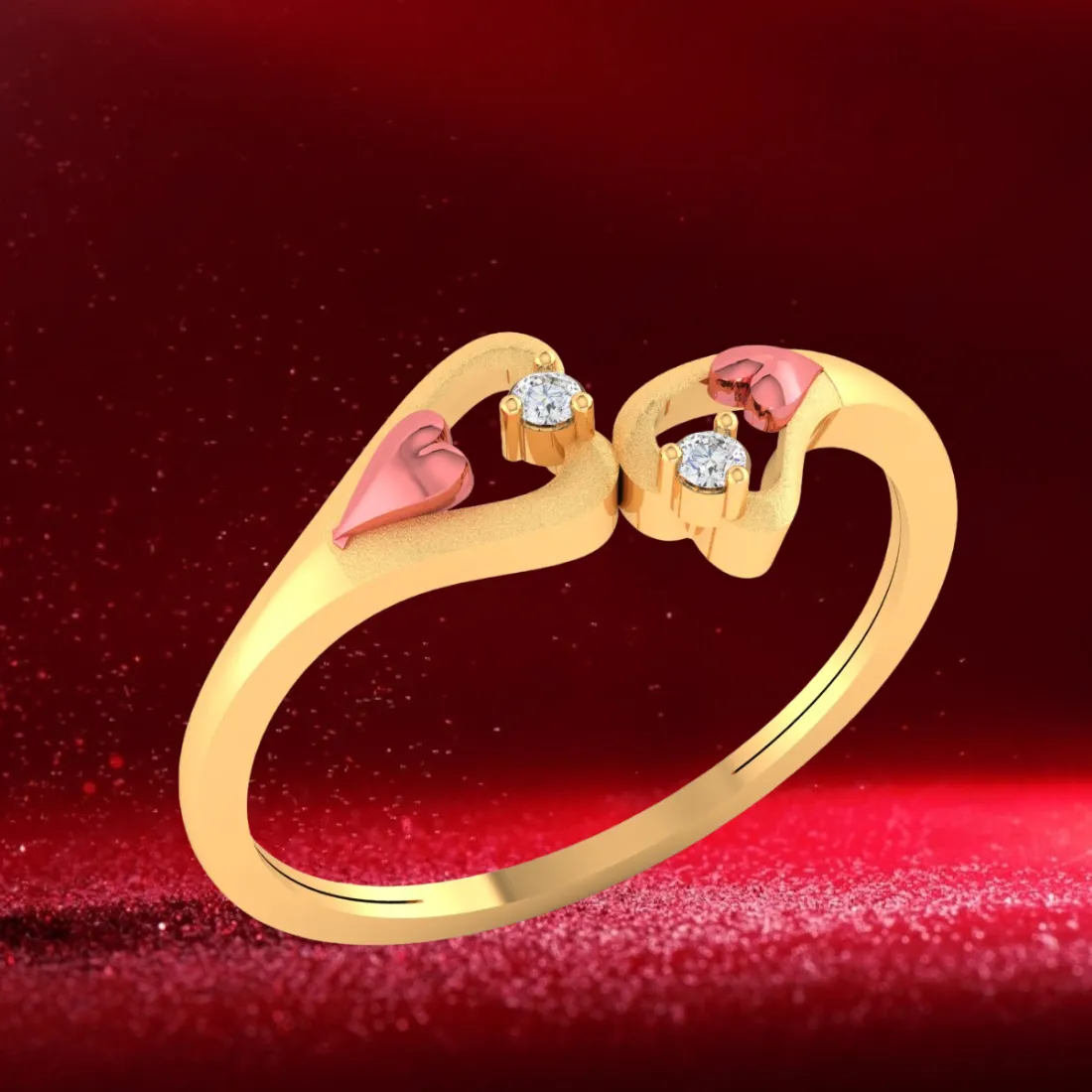 22k Gold Pink Hearts With Diamonds Ring