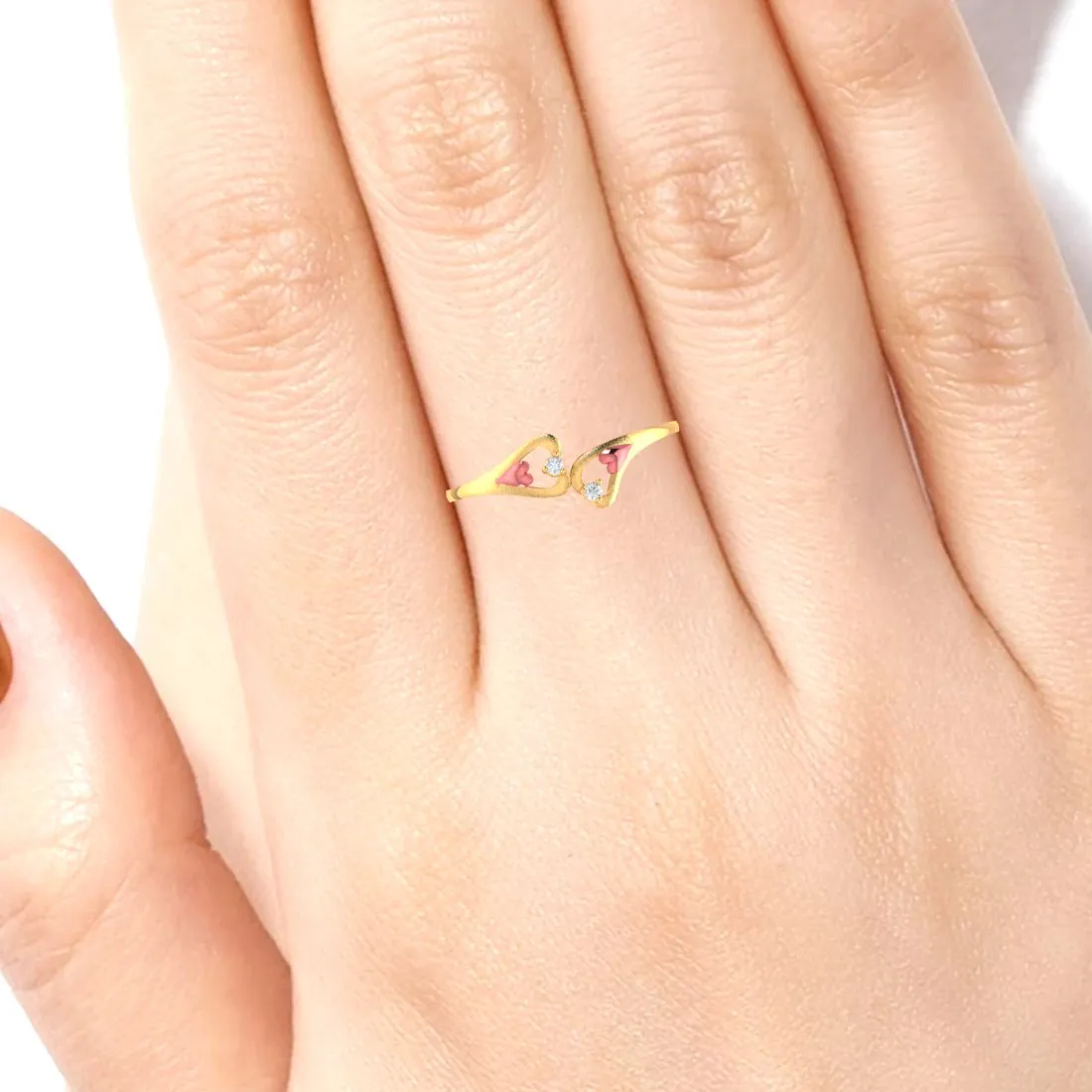 22k Gold Pink Hearts With Diamonds Ring