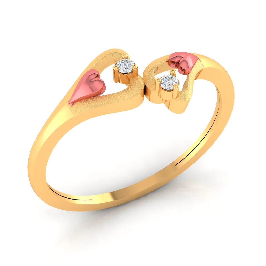 22k Gold Pink Hearts With Diamonds Ring