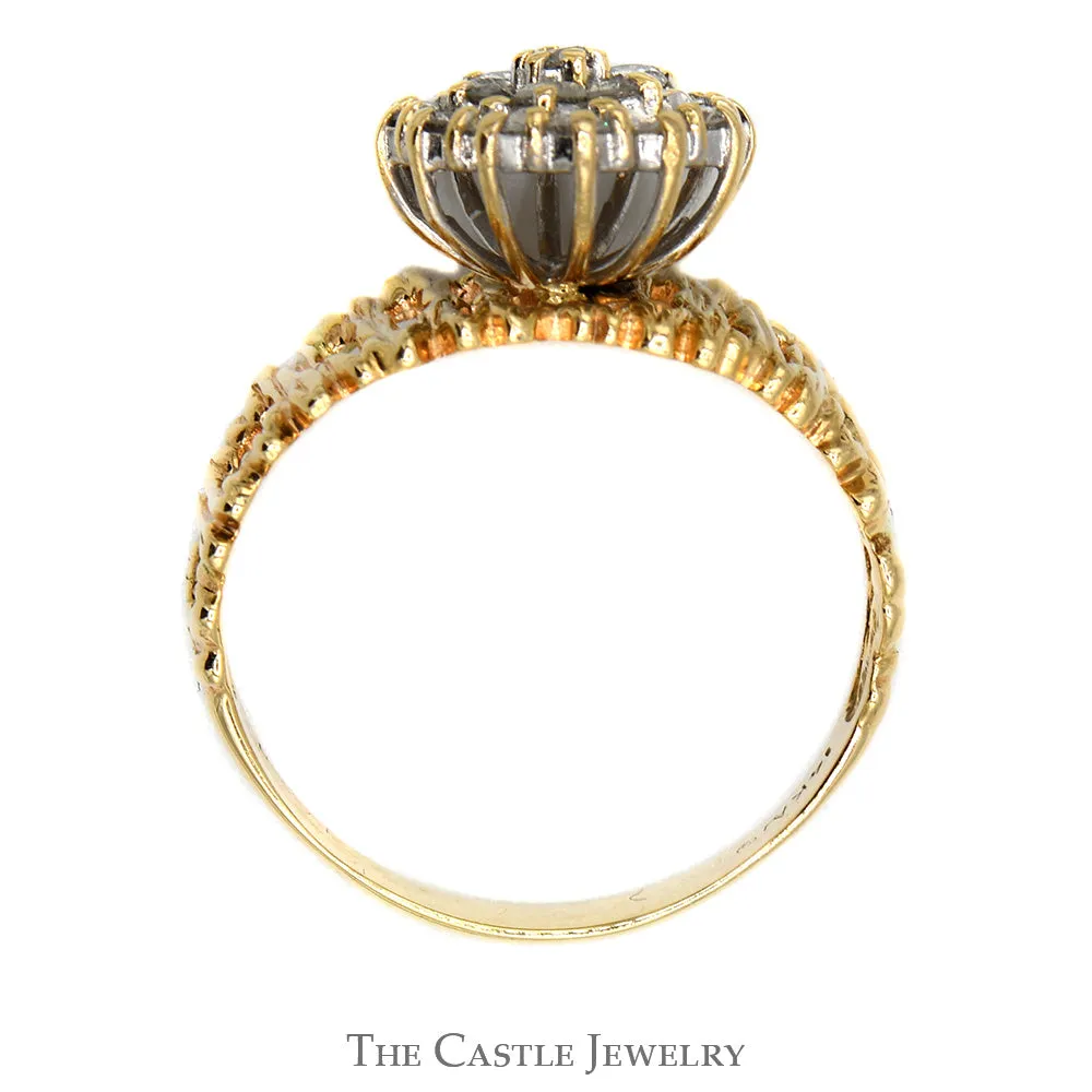 3/4cttw Diamond Cluster Ring with Open Bark Designed Sides in 14k Yellow Gold