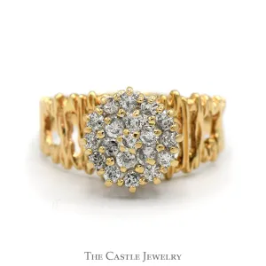 3/4cttw Diamond Cluster Ring with Open Bark Designed Sides in 14k Yellow Gold