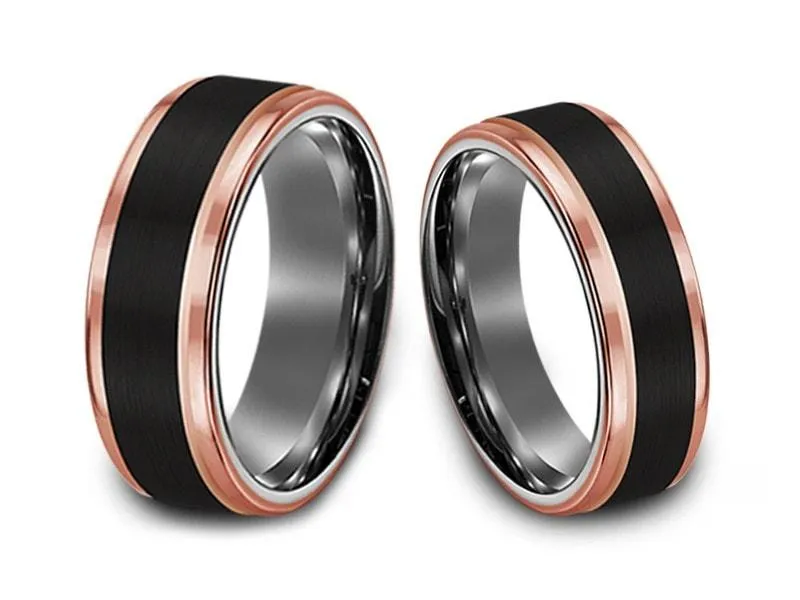 6MM/8MM BRUSHED BLACK TUNGSTEN WEDDING BAND SET ROSE GOLD EDGES AND GRAY GUNMETAL INTERIOR