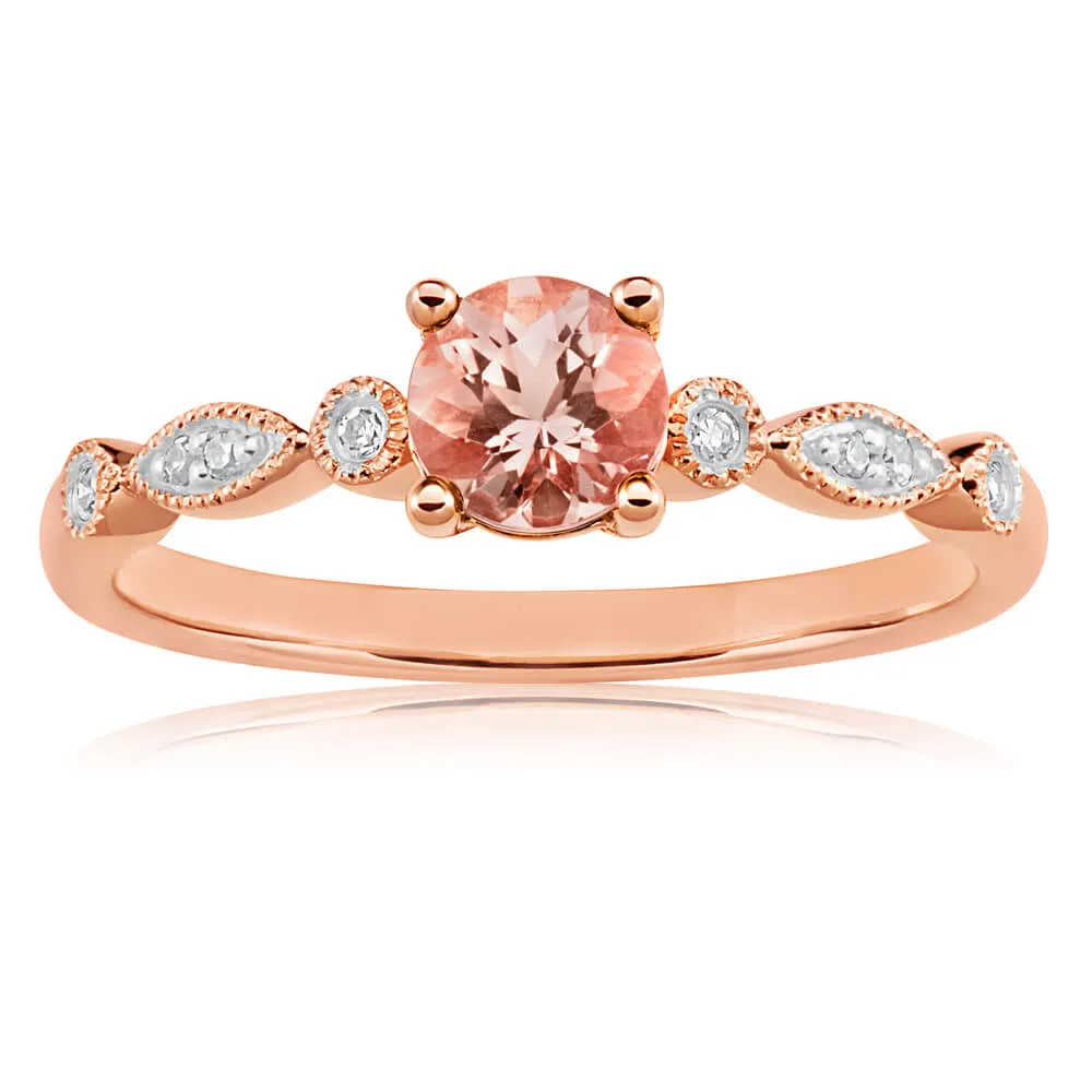 9ct Rose Gold 5mm Round Cut 0.45ct Morganite and Diamond Ring