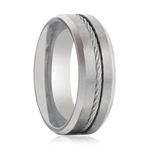 ALBERT | Silver Titanium Ring, Steel Cable Inlay, Beveled