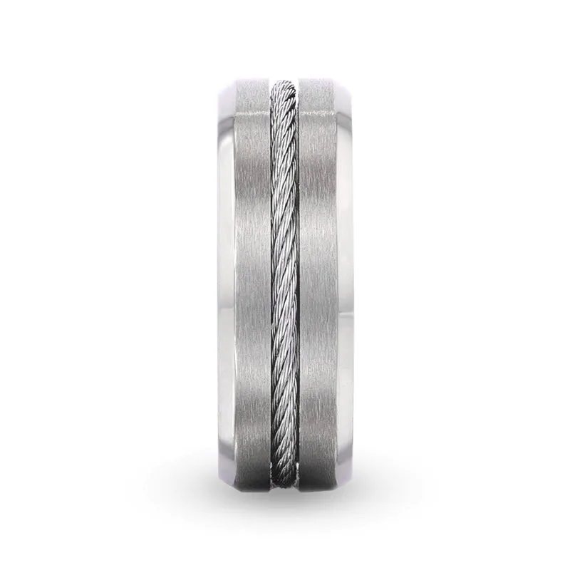 ALBERT | Silver Titanium Ring, Steel Cable Inlay, Beveled