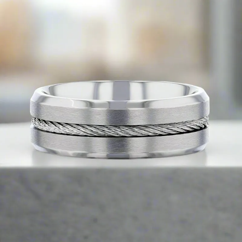 ALBERT | Silver Titanium Ring, Steel Cable Inlay, Beveled