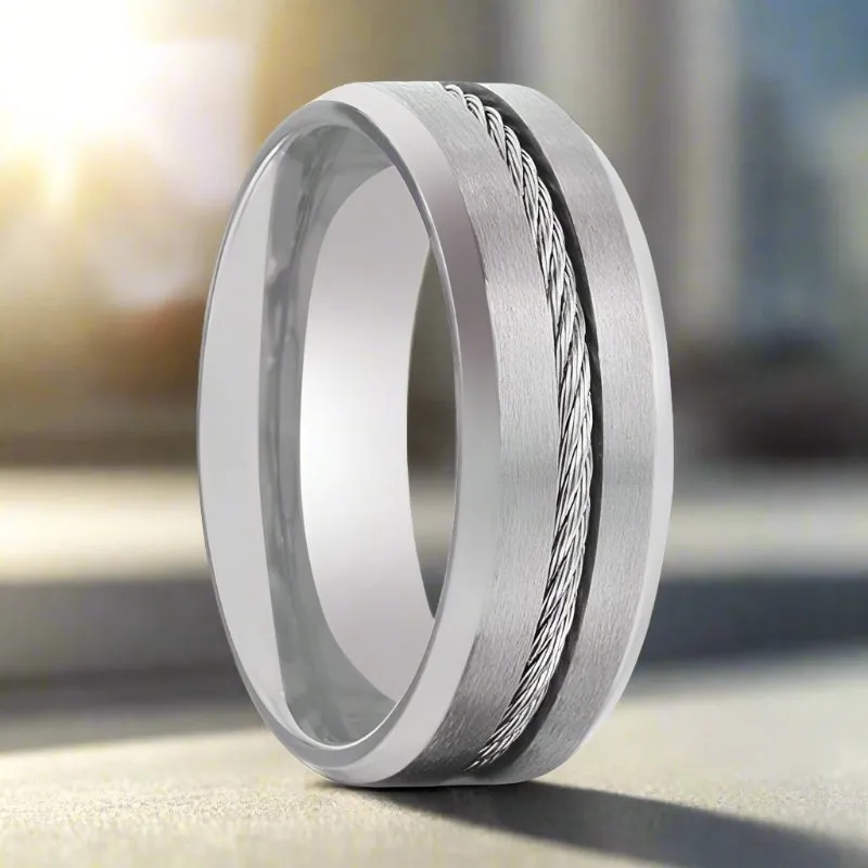 ALBERT | Silver Titanium Ring, Steel Cable Inlay, Beveled