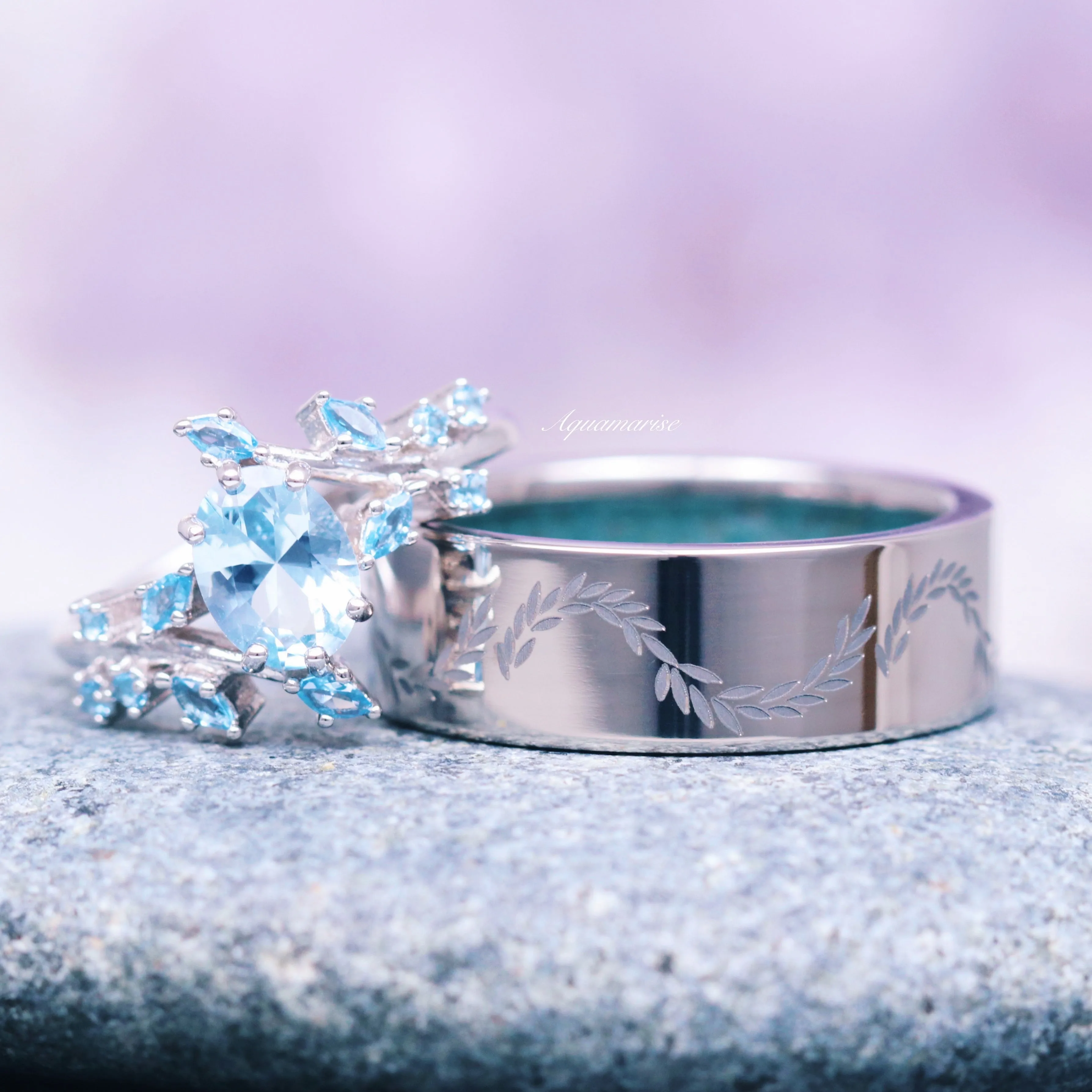 Aquamarine Leaf Couples Ring Set