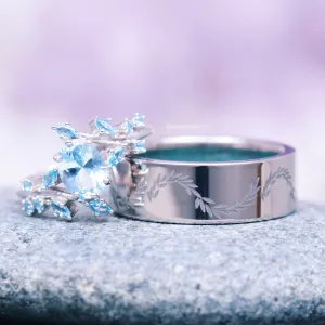 Aquamarine Leaf Couples Ring Set