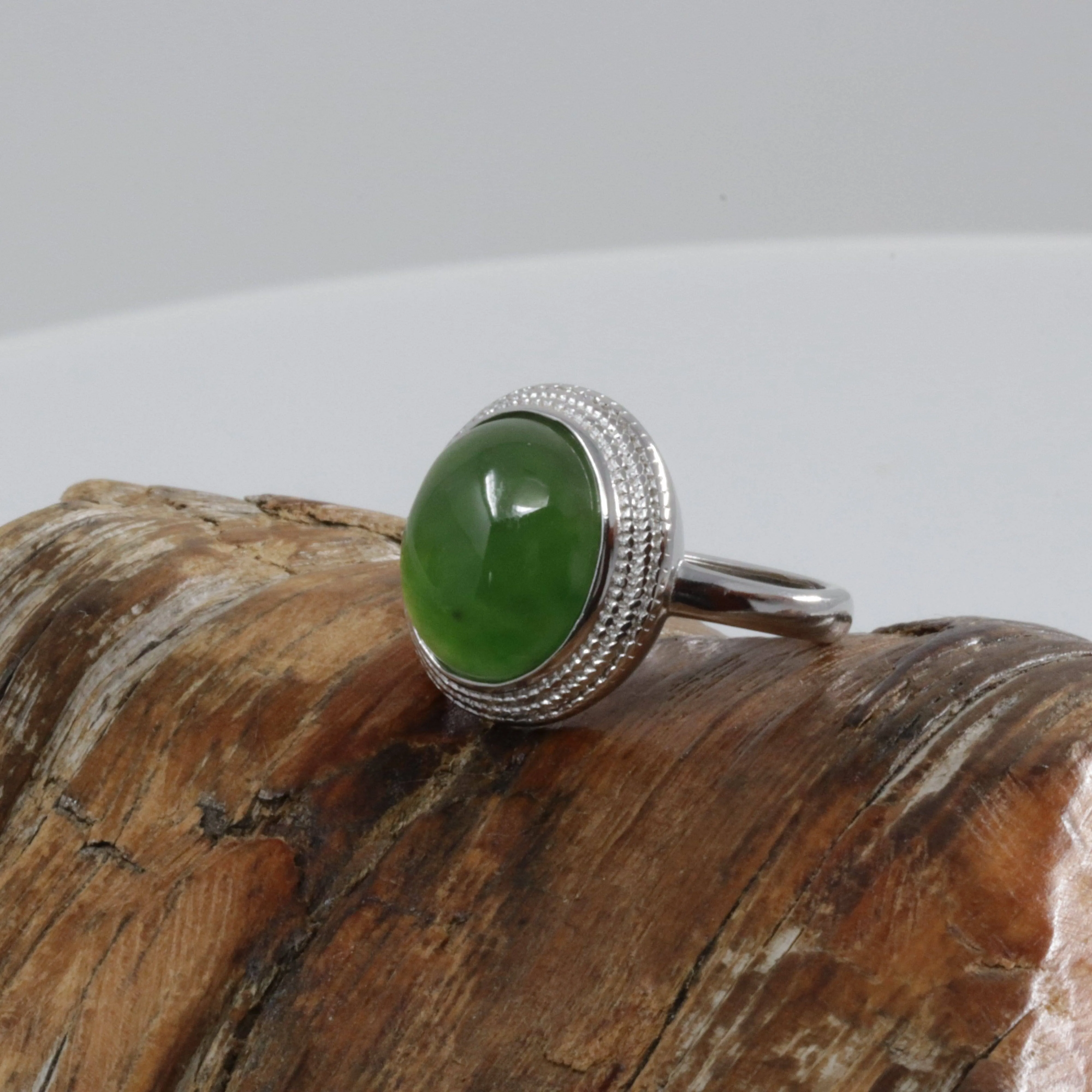 Baikalla™ "Classic Oval" Sterling Silver Real Green Nephrite Jade Classic Ring For Her