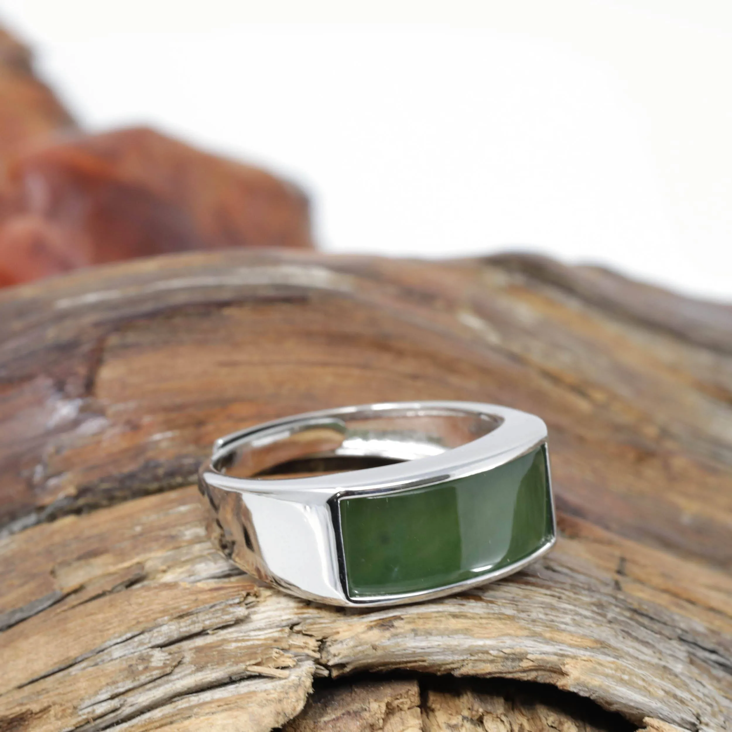 Baikalla™ "Signature Signet" Sterling Silver Real Green Nephrite Jade Classic Men's Ring