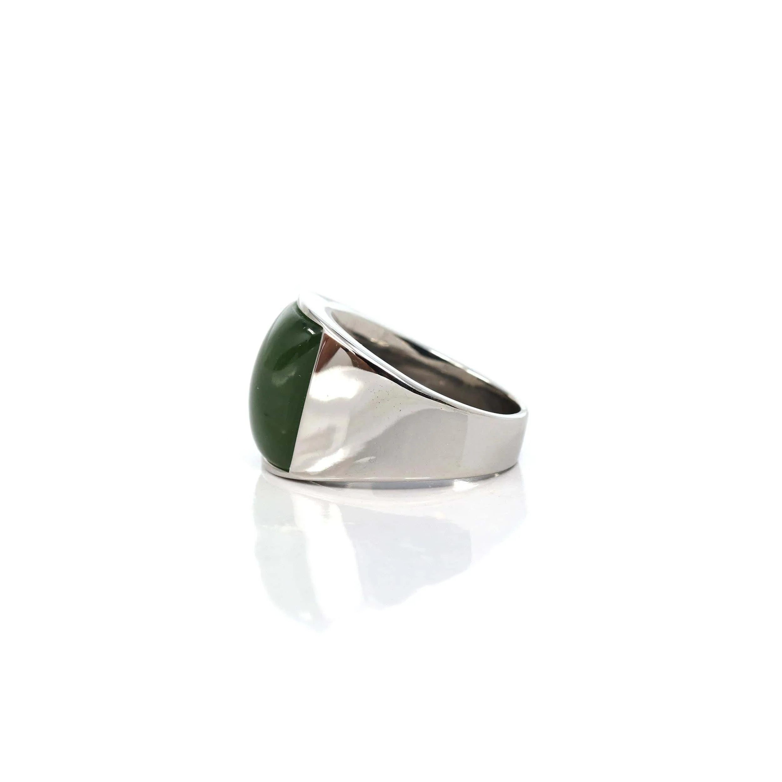 Baikalla Stainless Steel Cabochon Green Nephrite Jade Men's Signet Ring