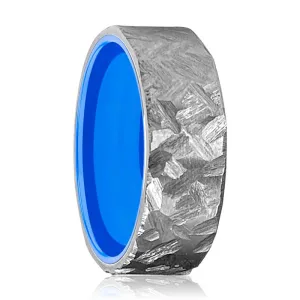 BIGBLUE | Blue Ring, Silver Titanium Ring, Hammered, Flat