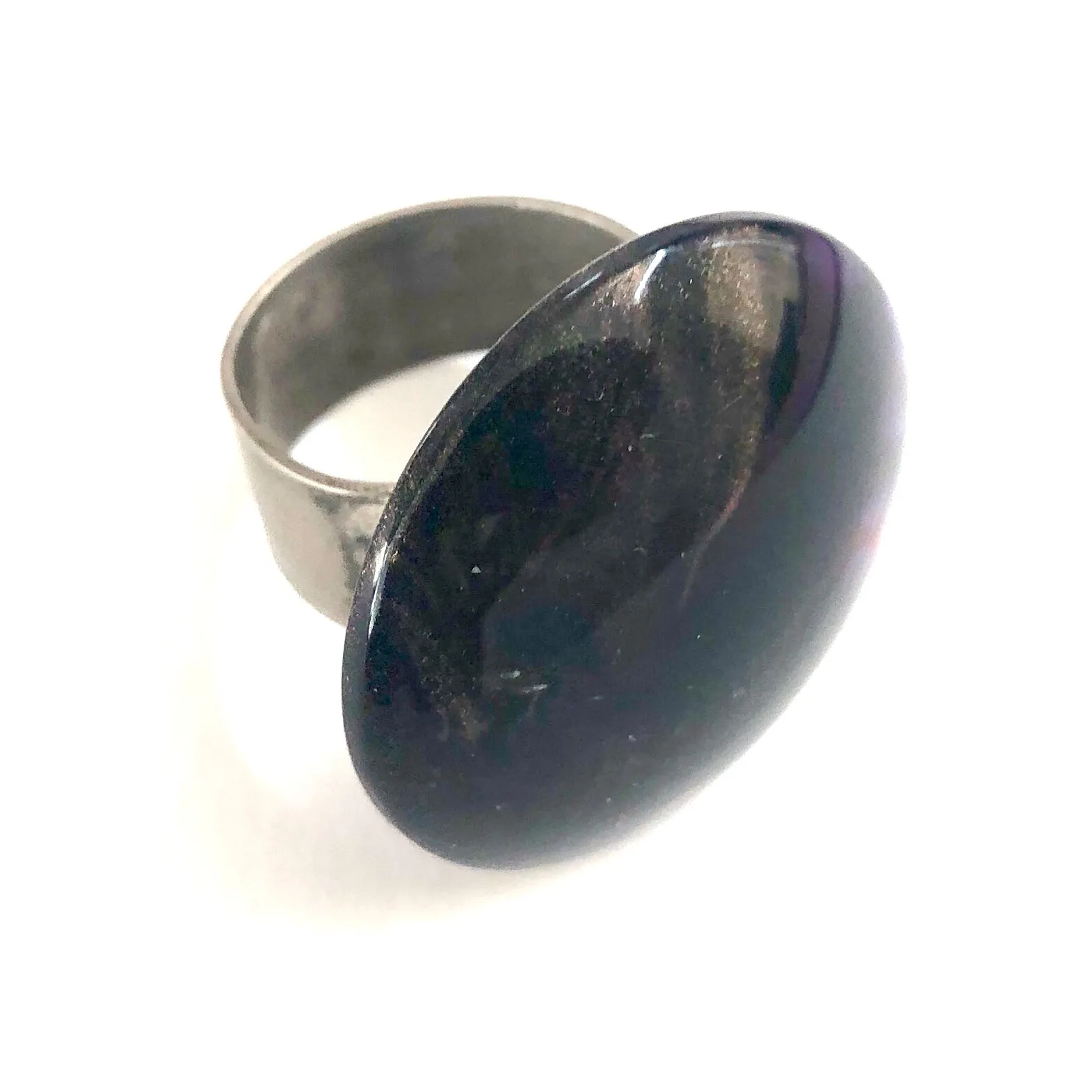 Black & Gold Marbled Lucite Silver Cocktail Ring