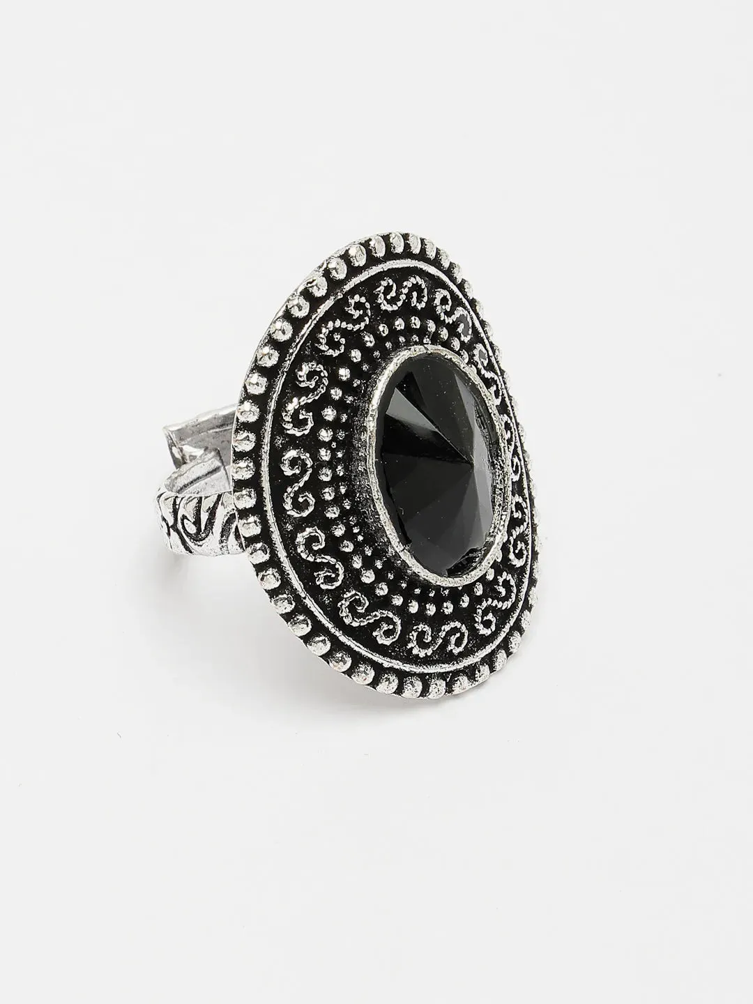 Black Silver-Toned German Silver Adjustable Finger Ring