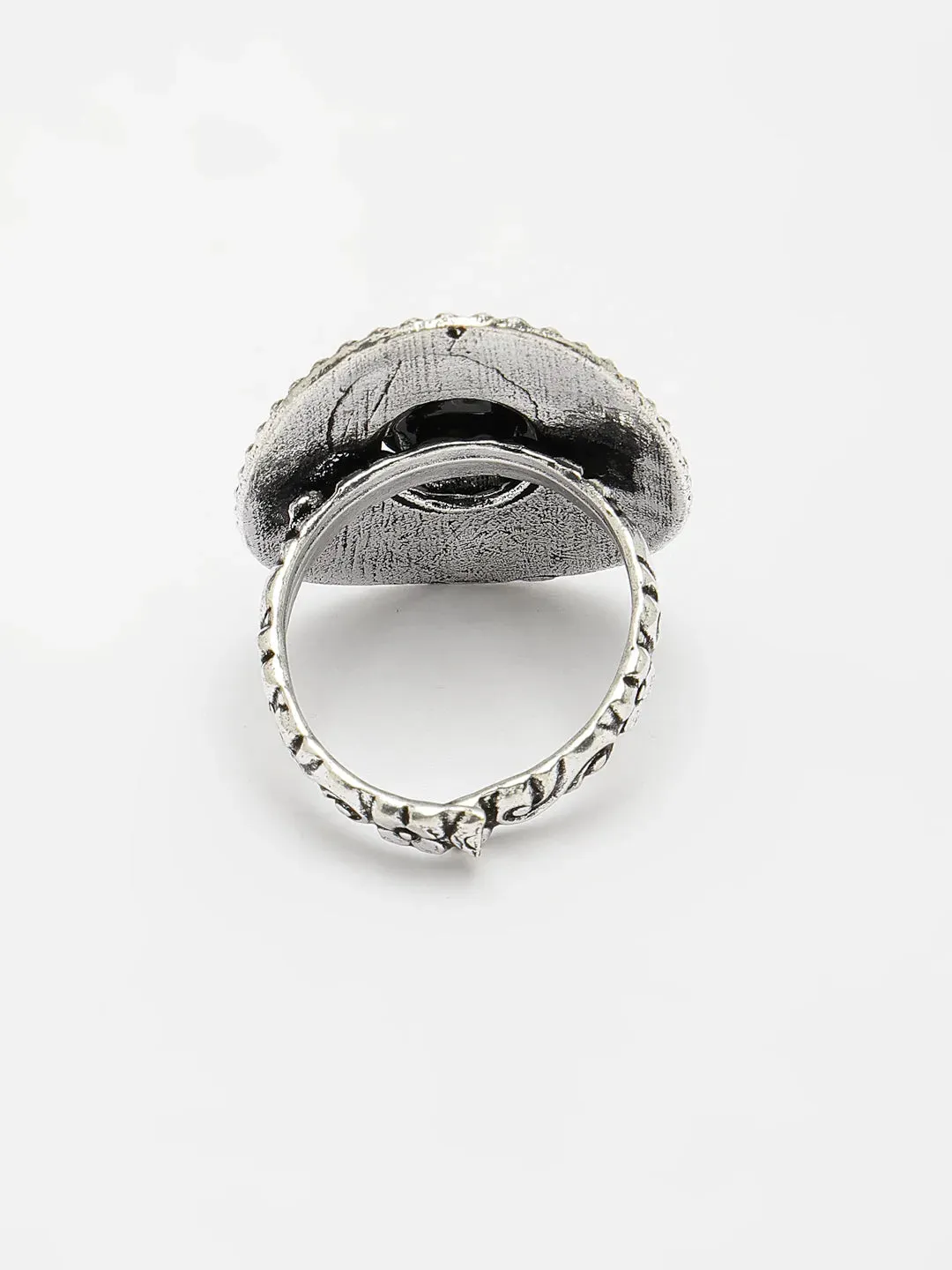 Black Silver-Toned German Silver Adjustable Finger Ring