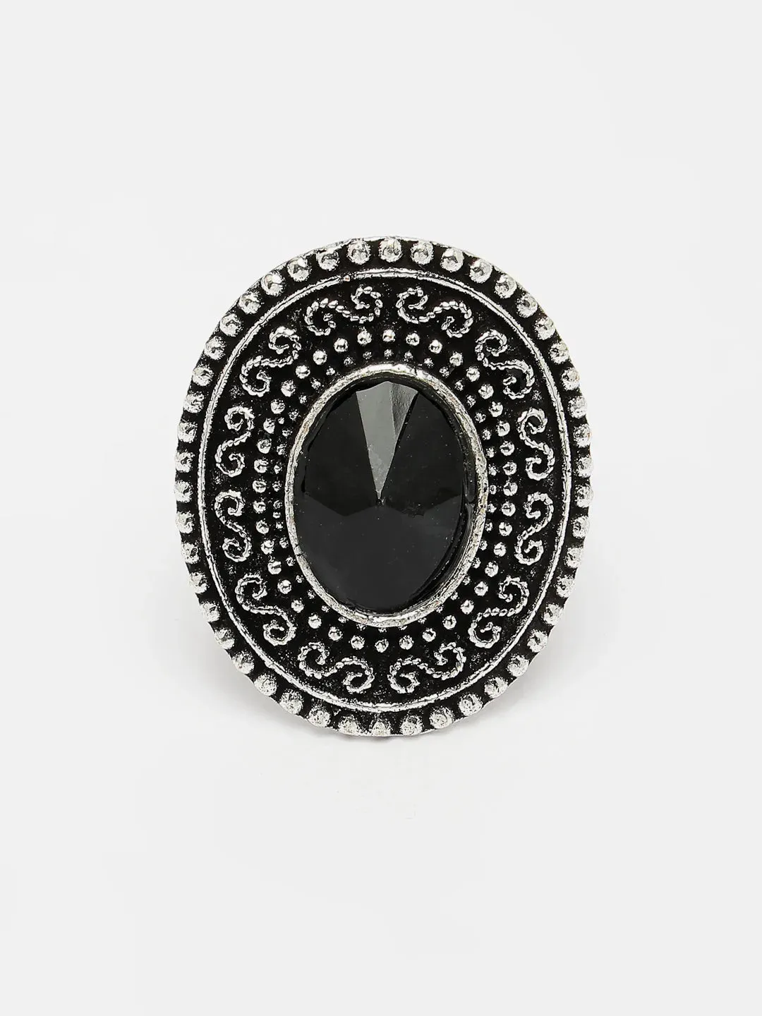 Black Silver-Toned German Silver Adjustable Finger Ring