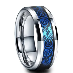 Blue Celtic Dragon Inlay Wedding Ring in Polished Silver Tungsten (8mm)