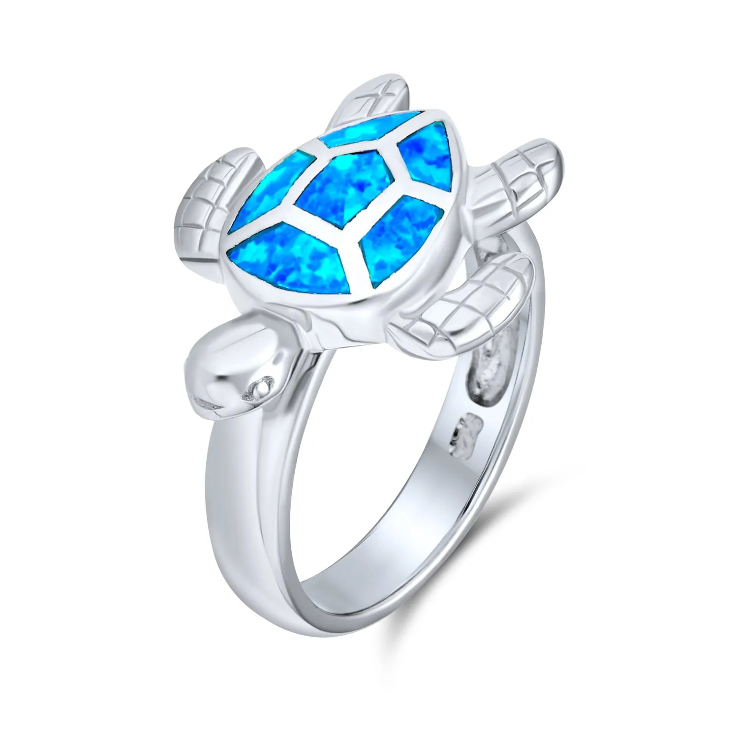 Blue Created Opal Inlay Family Sea Turtle Ring .925 Sterling Silver