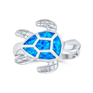 Blue Created Opal Inlay Family Sea Turtle Ring .925 Sterling Silver