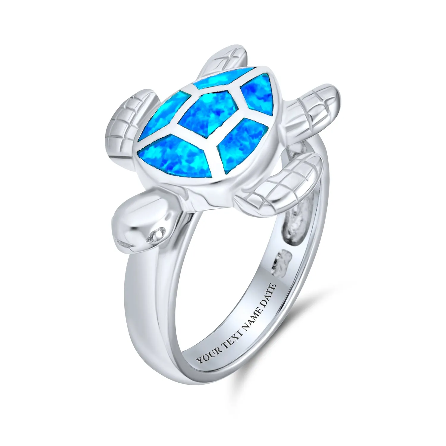 Blue Created Opal Inlay Family Sea Turtle Ring .925 Sterling Silver