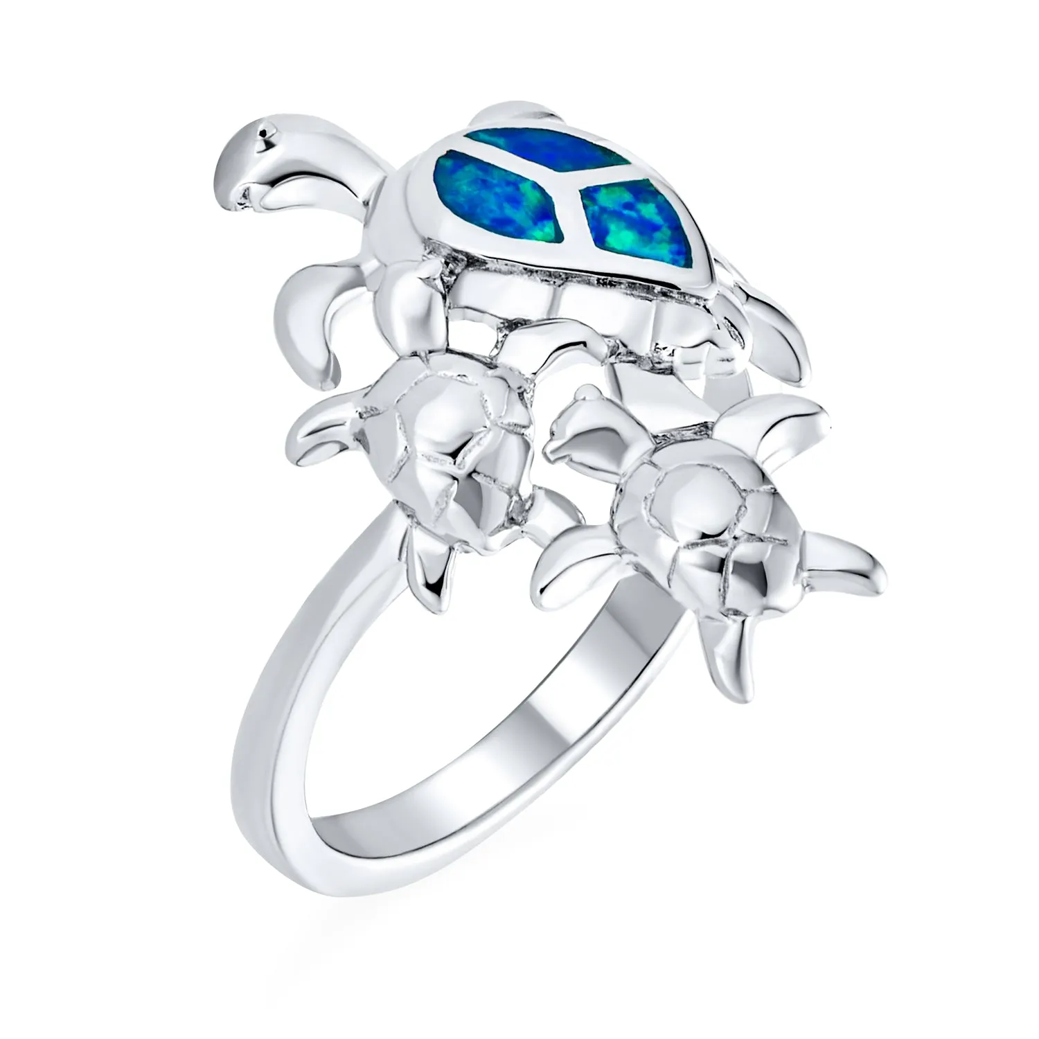 Blue Created Opal Inlay Family Sea Turtle Ring .925 Sterling Silver