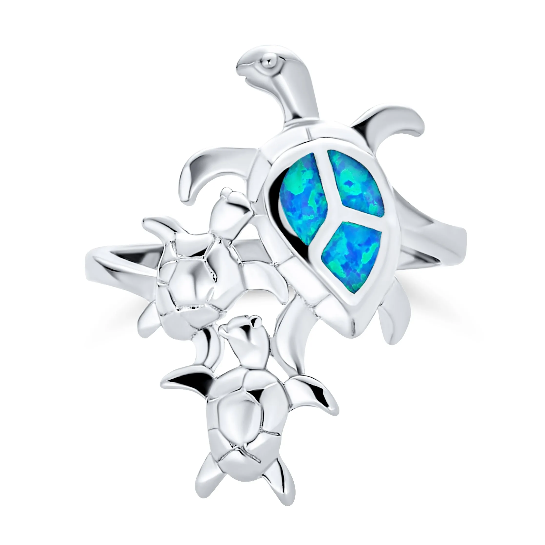 Blue Created Opal Inlay Family Sea Turtle Ring .925 Sterling Silver