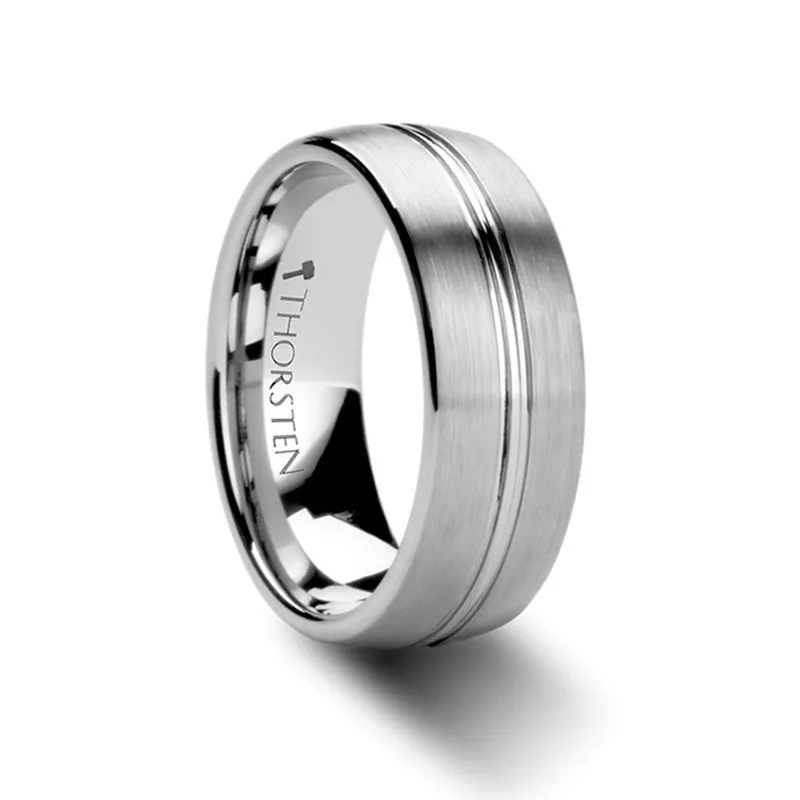 BOSS | Silver Tungsten Ring, Center Groove, Domed