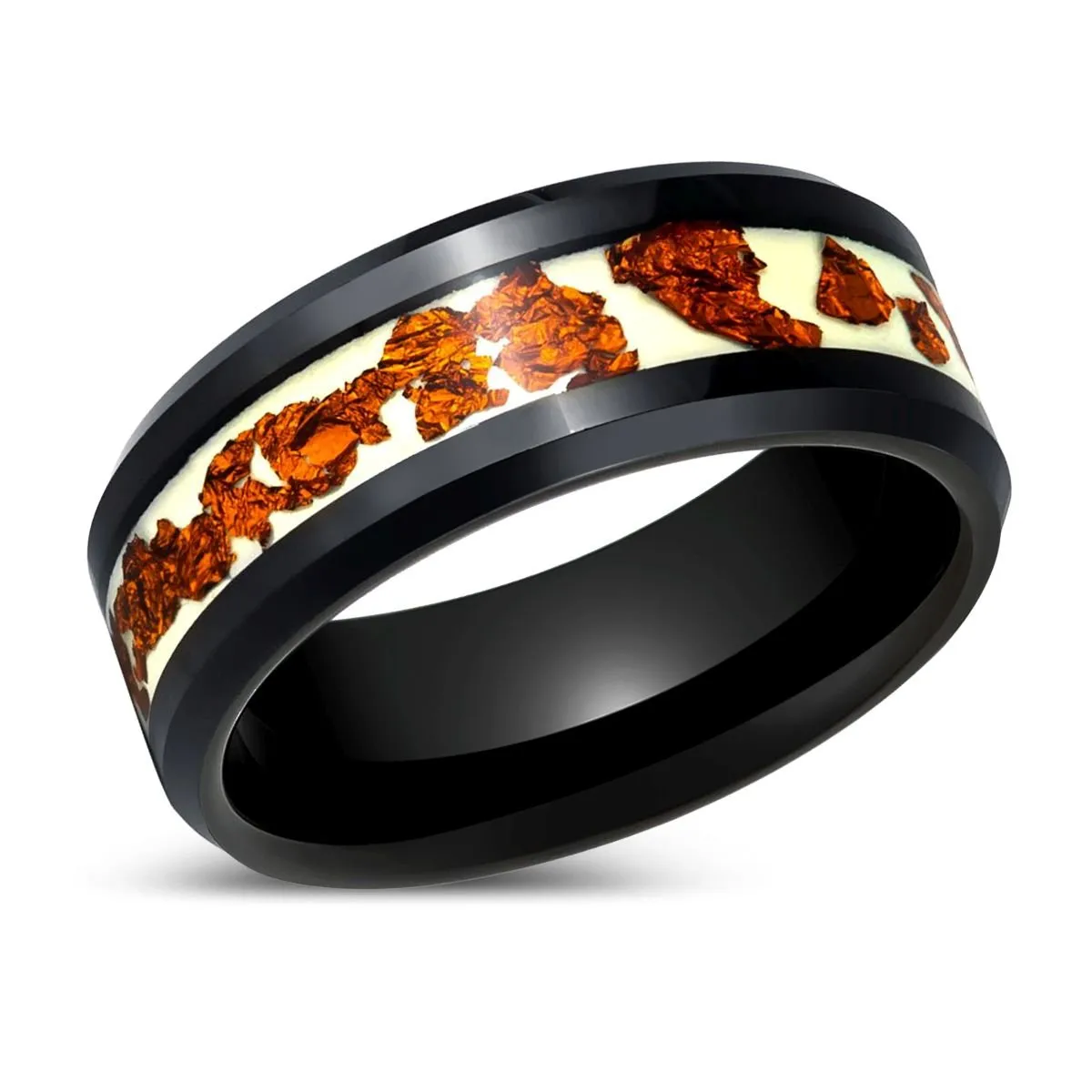 BRONZIUM | Black Tungsten Ring, Copper Scraps Inlay, Beveled