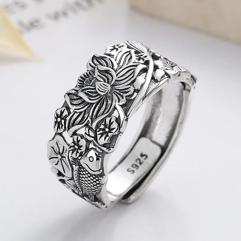 Buddha Stones 925 Sterling Silver Koi Fish Lotus Flower Prosperity Ring