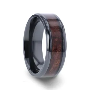 CERISE | Black Ceramic Ring, Red Wood Inlay, Domed