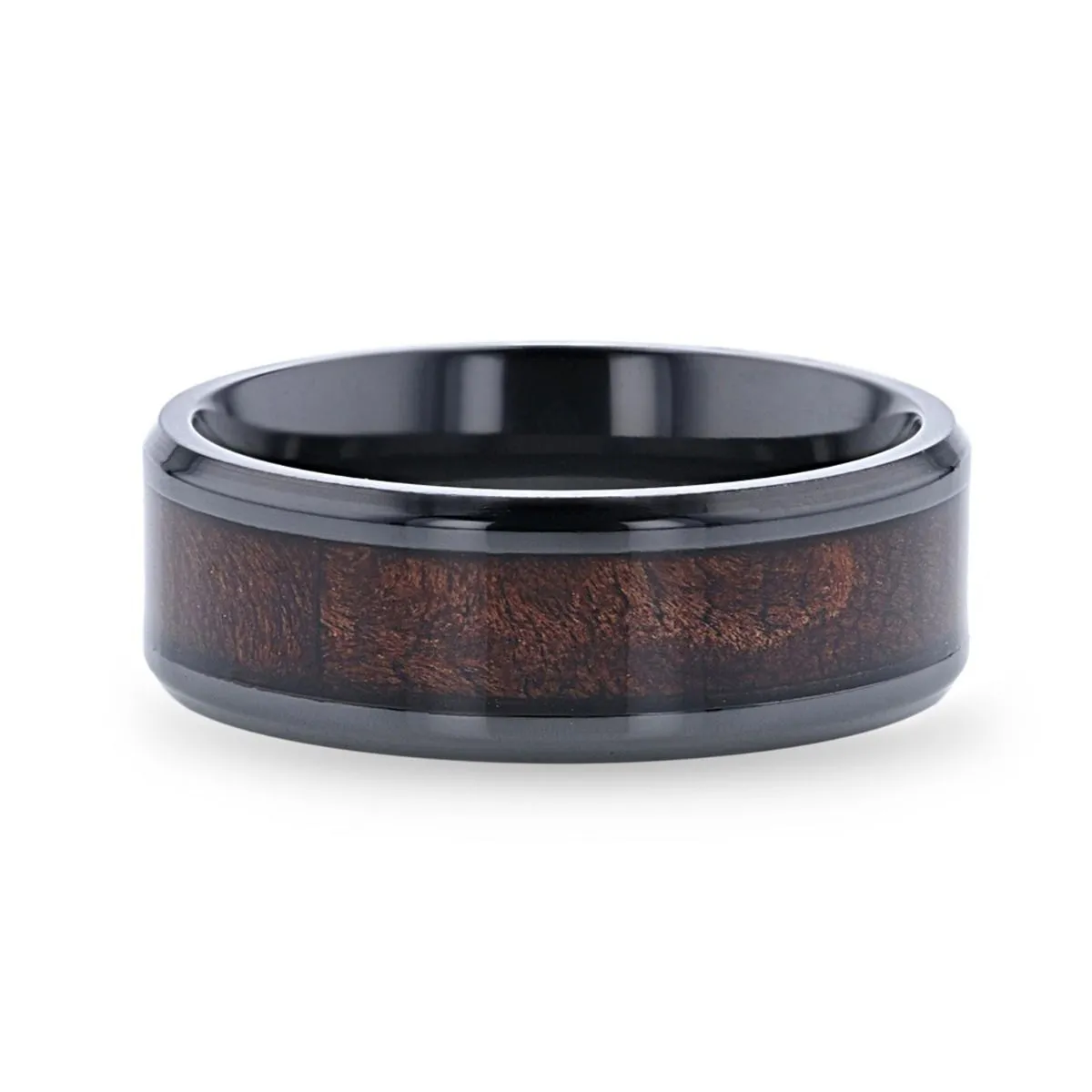 CERISE | Black Ceramic Ring, Red Wood Inlay, Domed