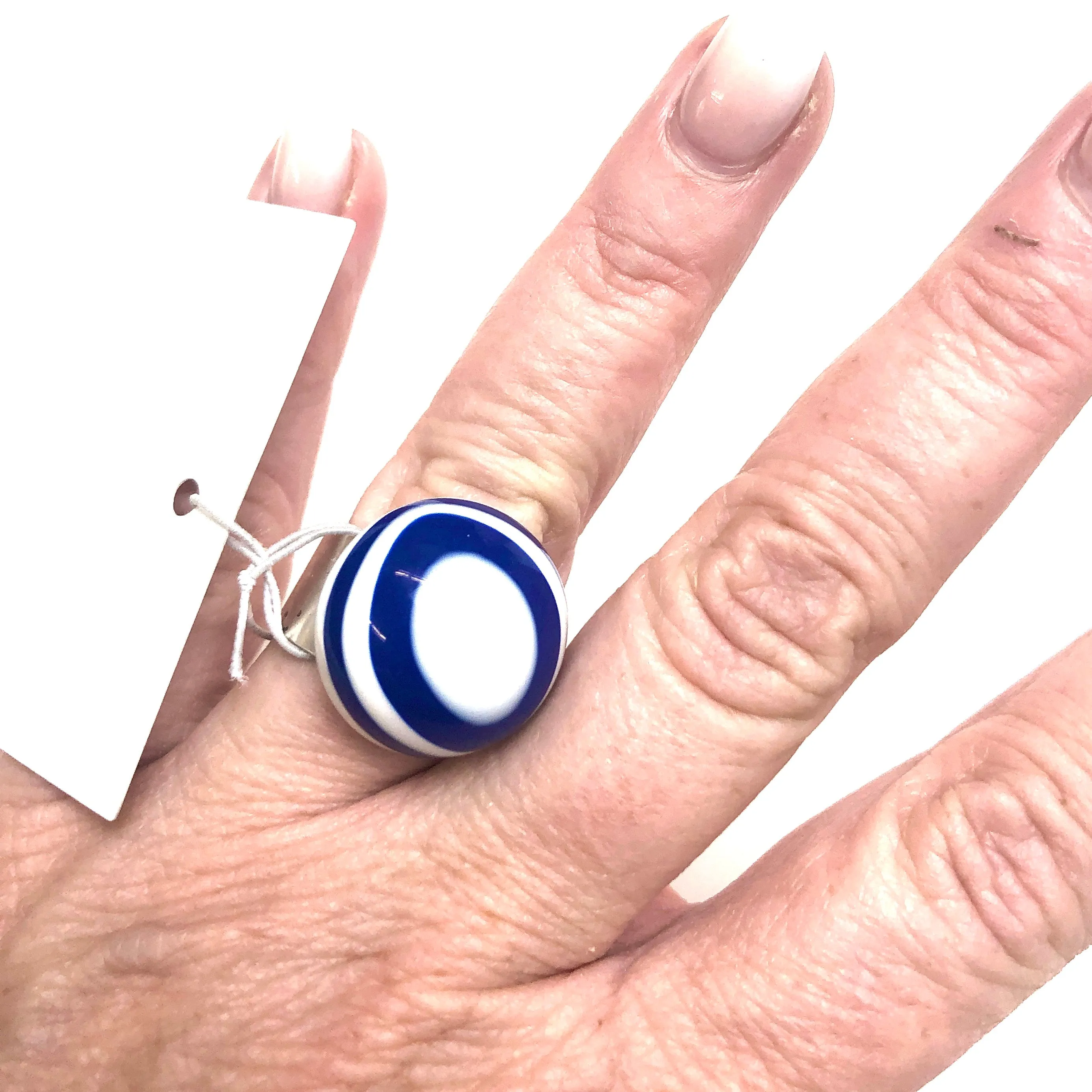 Cobalt Blue Bullseye Lucite Silver Cocktail Ring