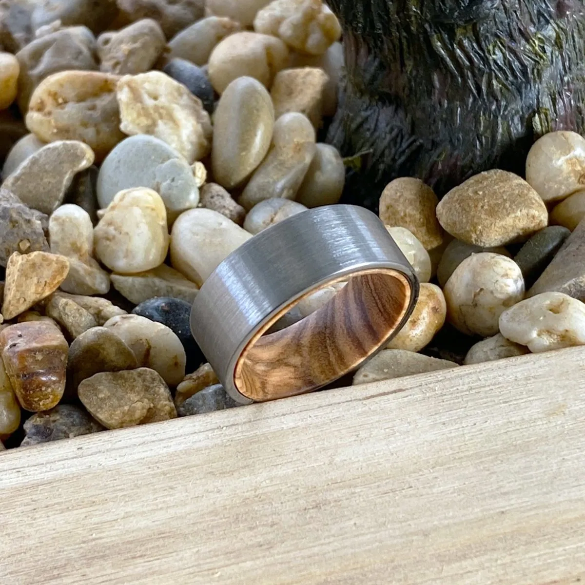 COLLET | Olive Wood, Silver Tungsten Ring, Brushed, Flat