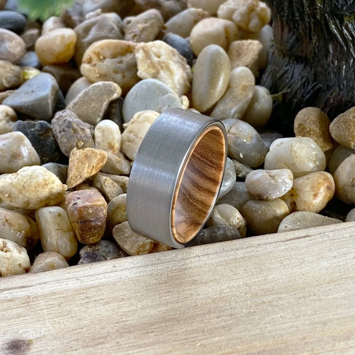 COLLET | Olive Wood, Silver Tungsten Ring, Brushed, Flat