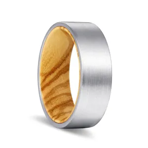 COLLET | Olive Wood, Silver Tungsten Ring, Brushed, Flat