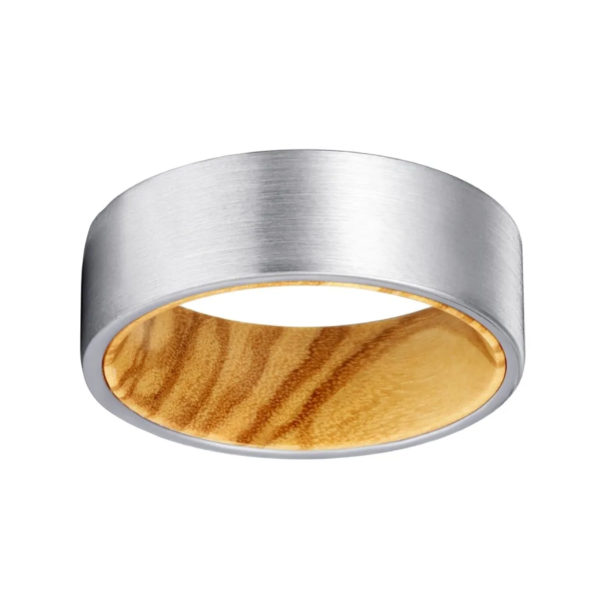 COLLET | Olive Wood, Silver Tungsten Ring, Brushed, Flat