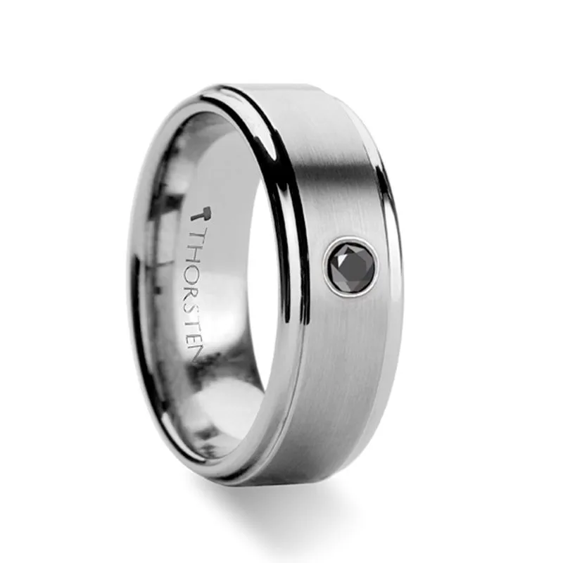 COVENTRY | Silver Tungsten Ring, One Black Diamond, Stepped Edge