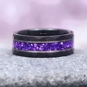 Crushed Amethyst Wedding Band- 8MM Black Tungsten